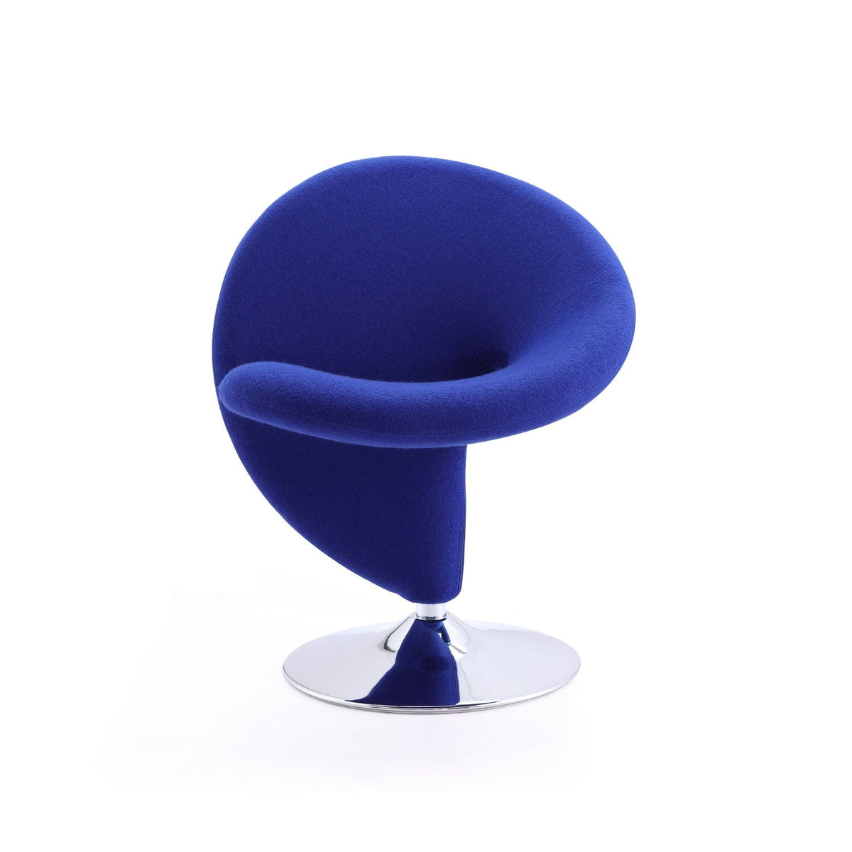 Blue wool-blend swivel lounge chair with curved back and chrome pedestal base on Tampa Home & Garden Store