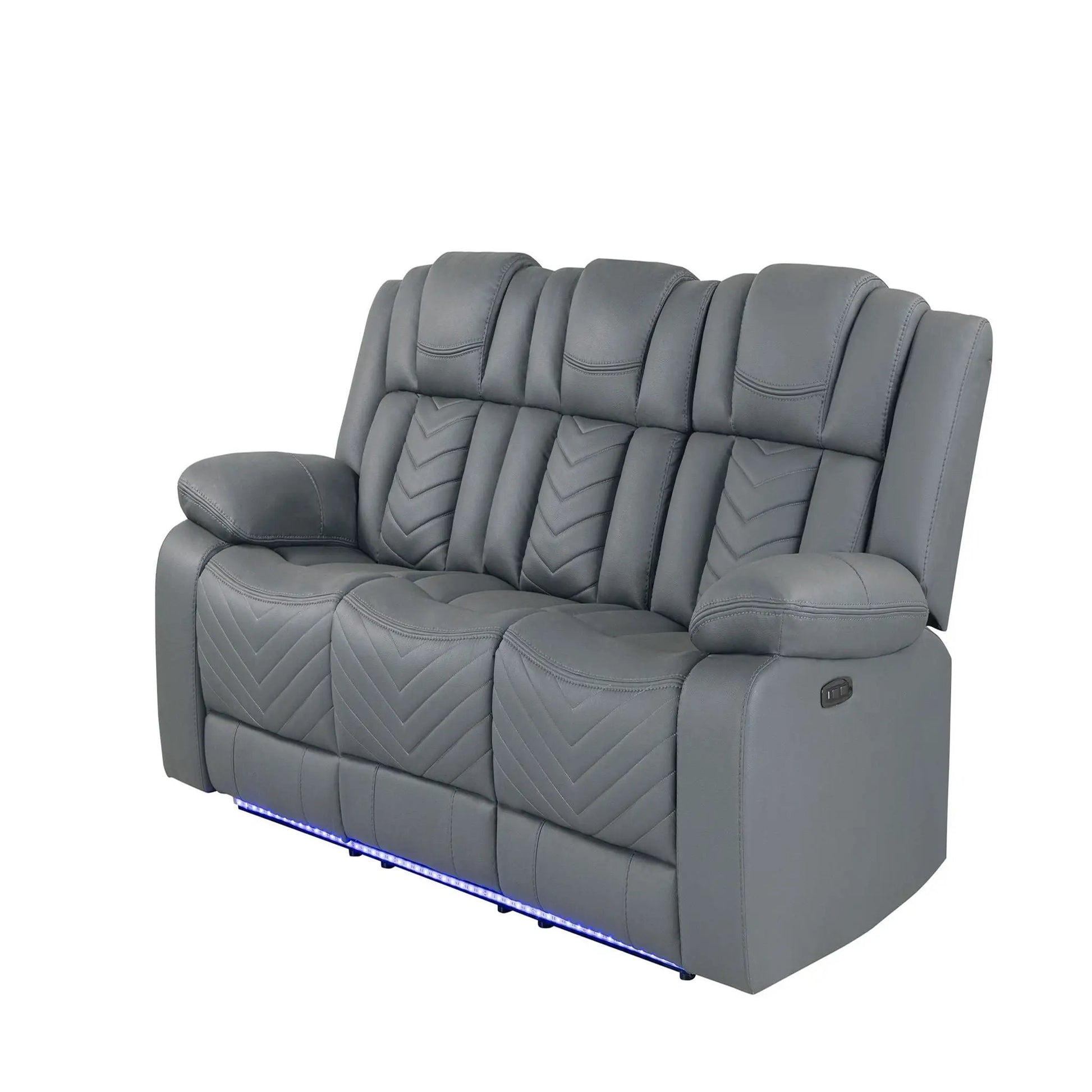 Raize 10 Power Reclining Sofa with LED underglow, gray upholstery, tufted back on Tampa Home & Garden Store