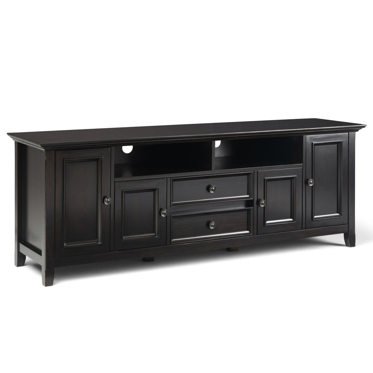 Handcrafted wide TV stand in black wood with ample storage and center shelf HouseOfZazla on Tampa Home & Garden Store