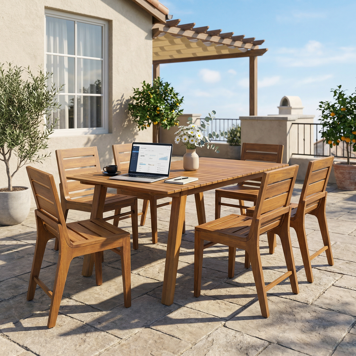 Acacia Wood Outdoor Dining Table and Six Chairs