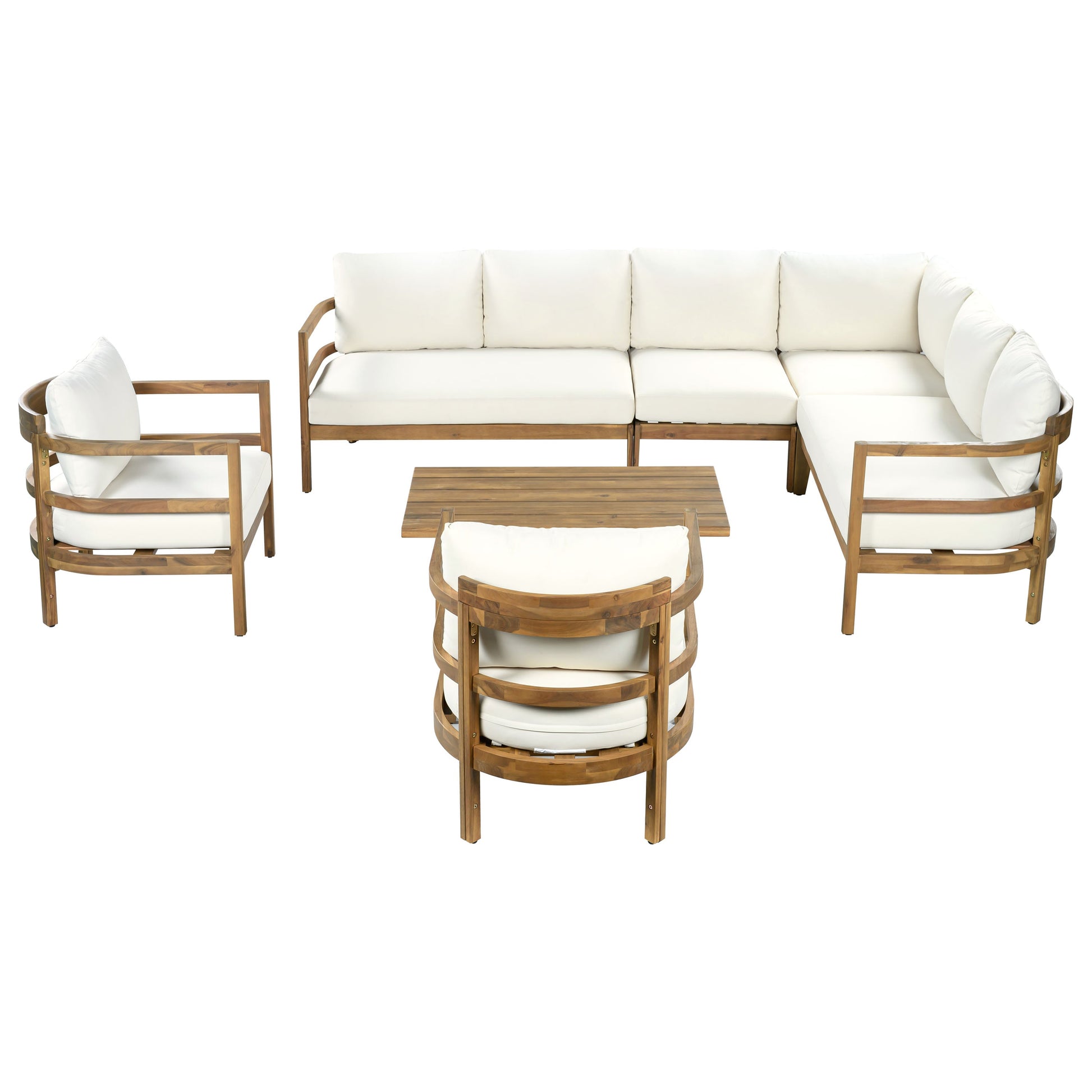 Outdoor Acacia Wood 7-Seater Sectional Sofa Set by HouseOfZazla with white cushions on Tampa Home & Garden Store