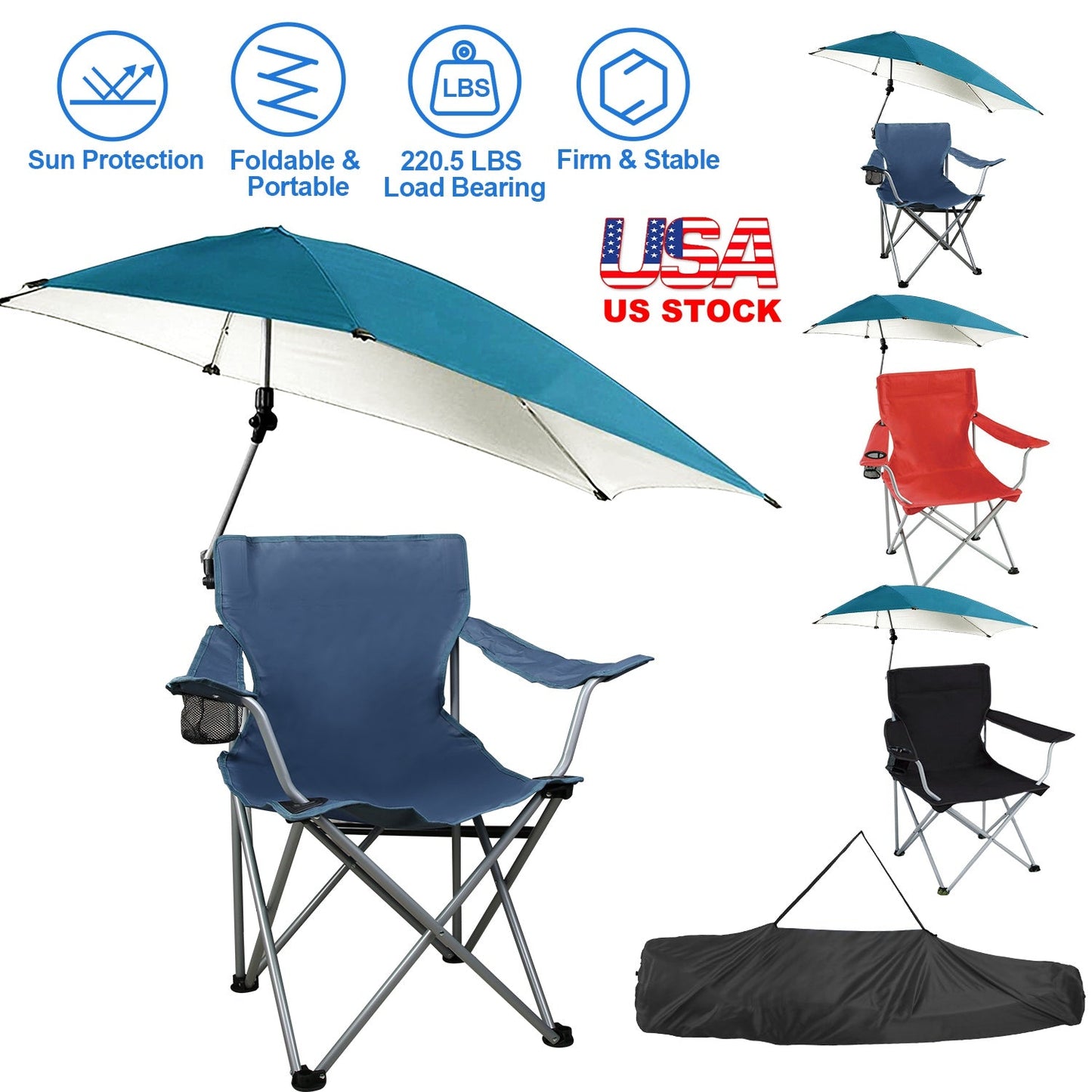 GemGear foldable beach chair with detachable umbrella and blue canopy cup holder carry bag on Tampa Home & Garden Store