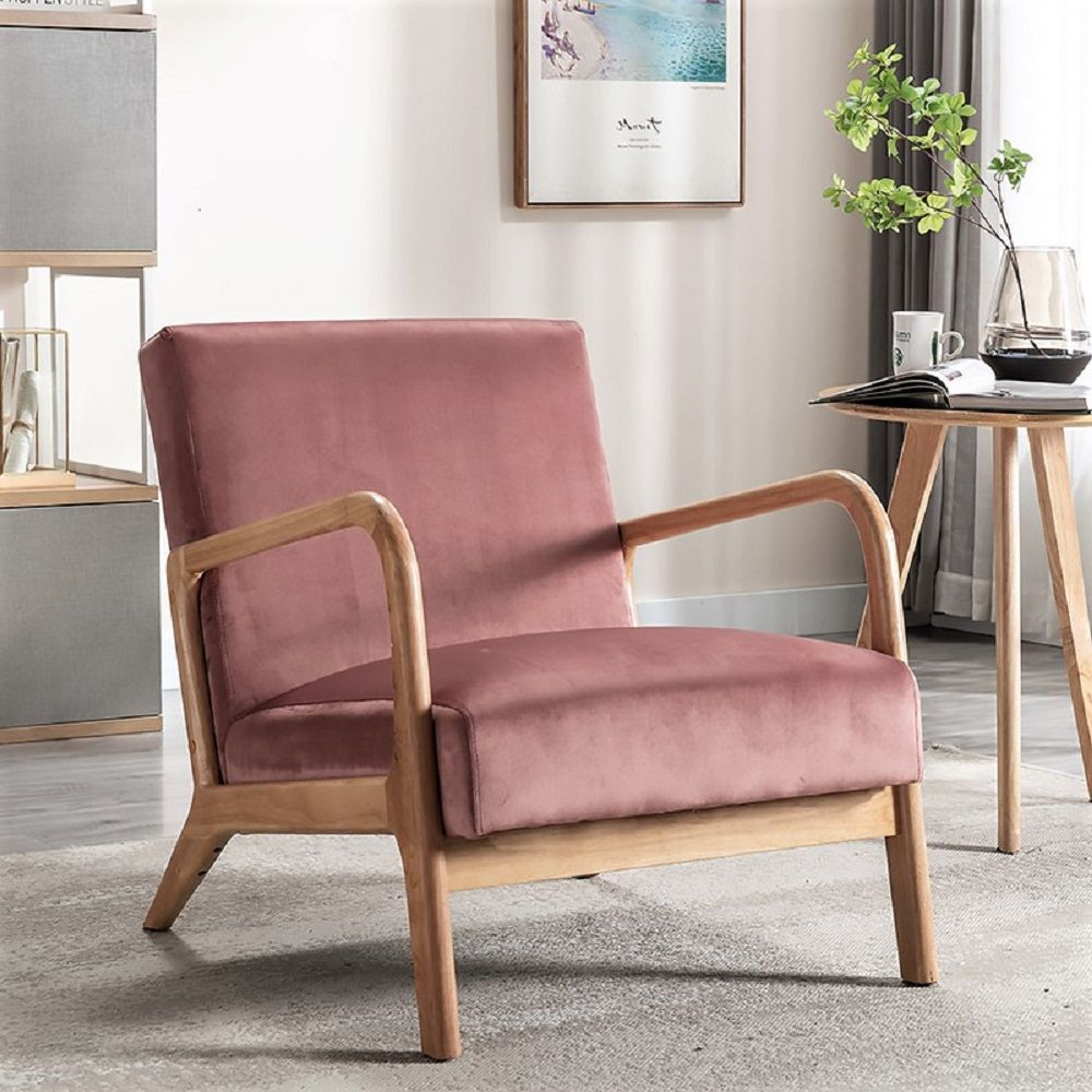 HouseOfZazla mid-century modern arm chair with pink velvet cushioning and open frame on Tampa Home & Garden Store