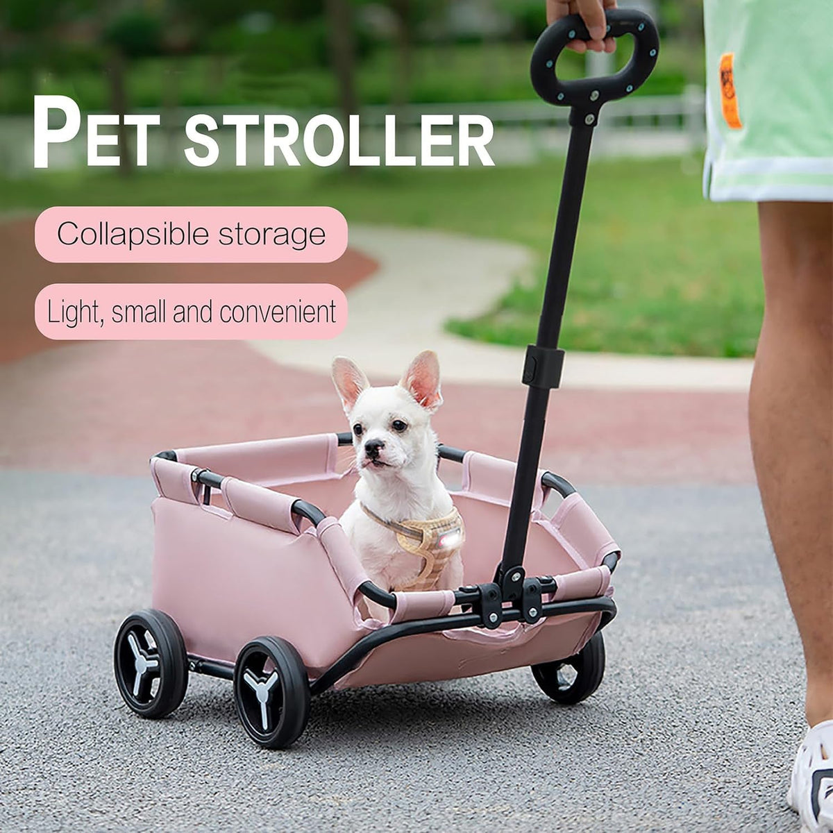 Pet Zen pink pet stroller with collapsible storage, four wheels and adjustable handle on Tampa Home & Garden Store