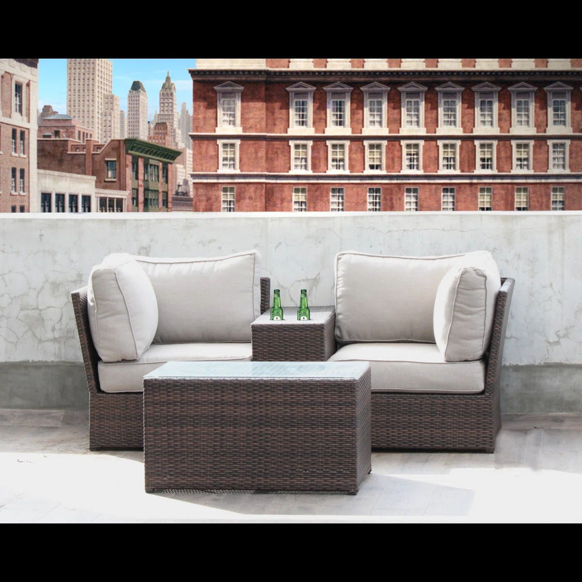 2-piece outdoor rattan sectional set with beige cushions on a rooftop patio by HouseOfZazla on Tampa Home & Garden Store