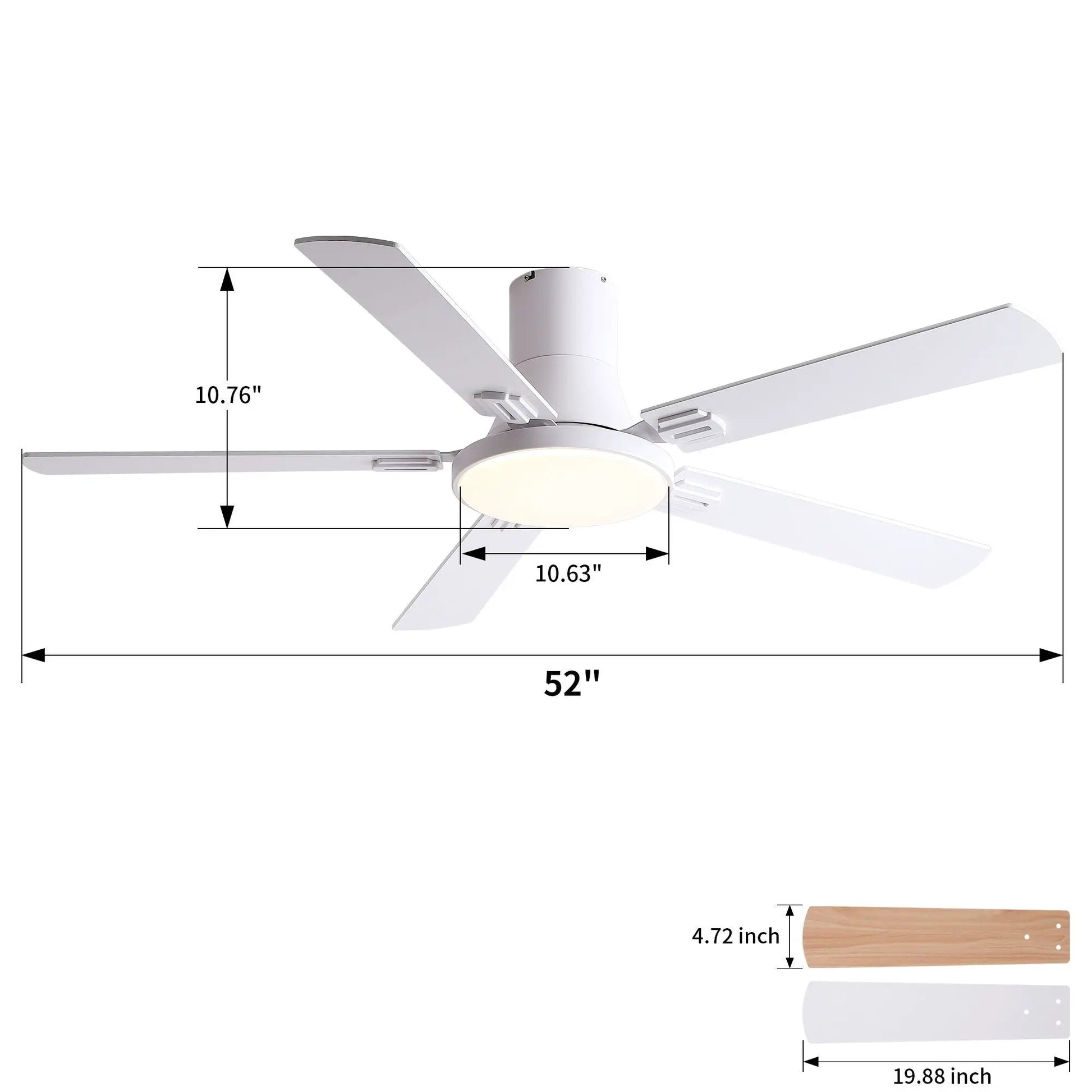 Flush mount ceiling fan with LED light, 5 white blades, remote by Unique Piece Furniture on Tampa Home & Garden Store