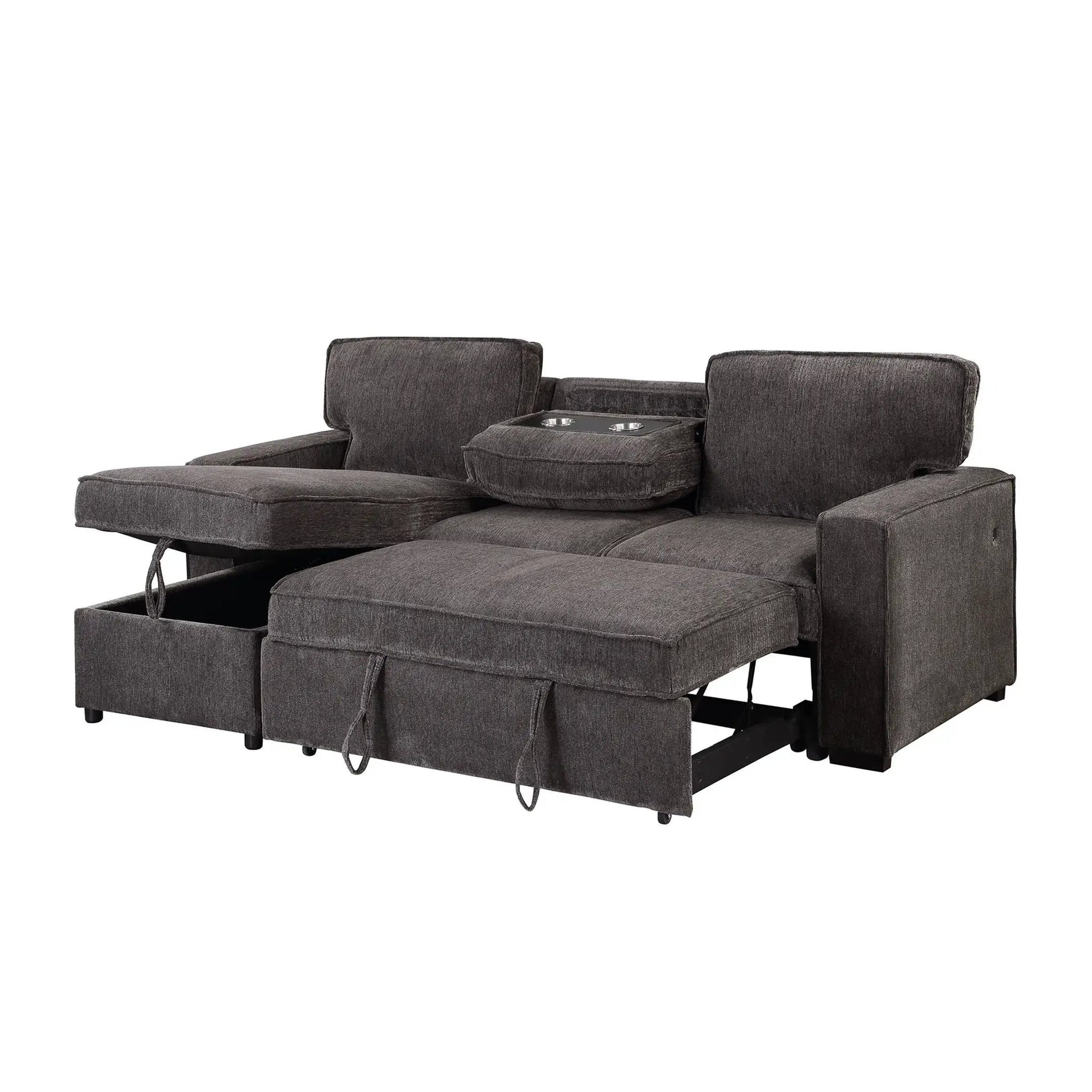 Territory pull-out sofa bed sleeper sectional in dark gray fabric with center console on Tampa Home & Garden Store