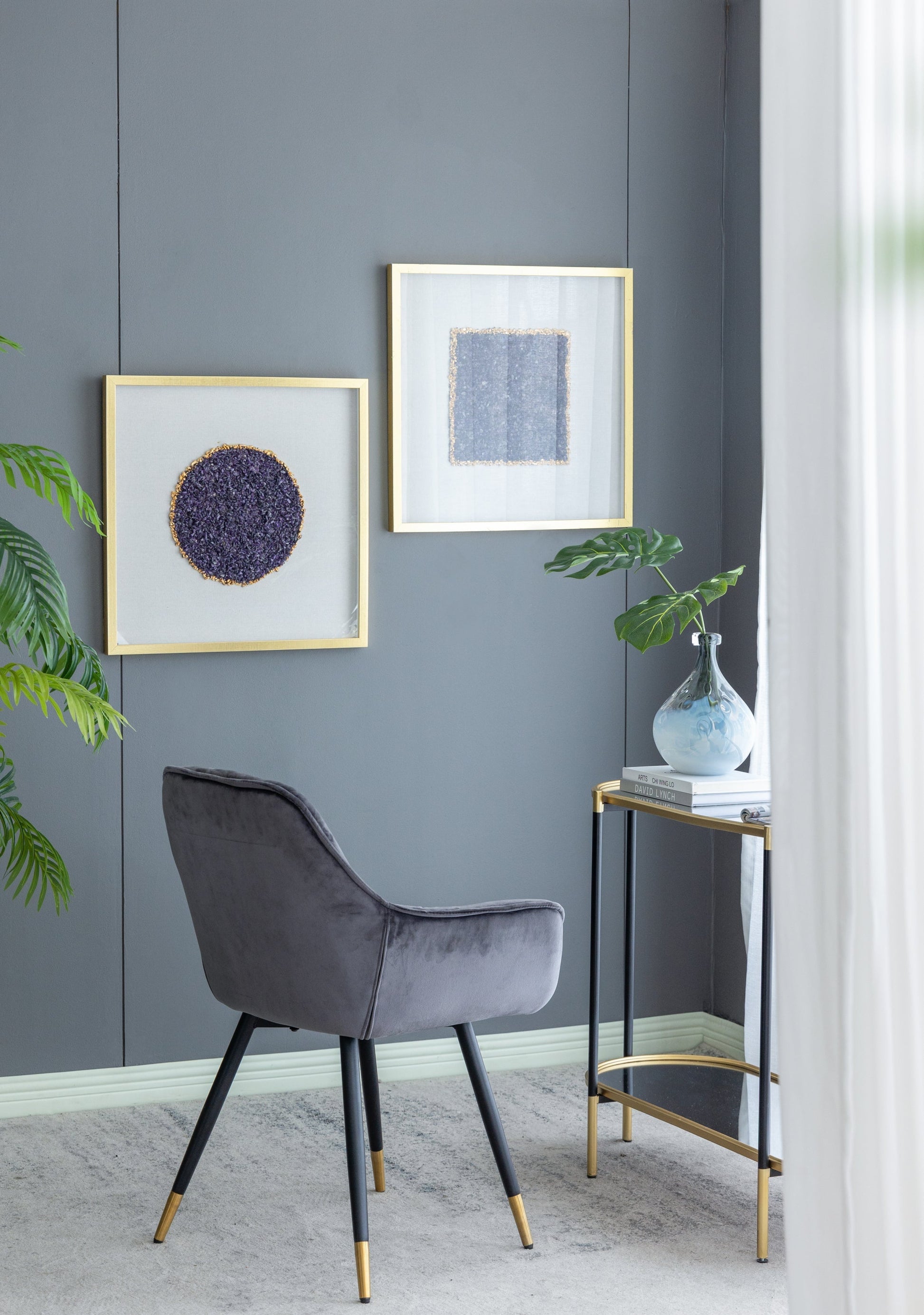 Lillian Améthyste Shadow Box Duo wall art: two gold frames purple circle blue square on Tampa Home & Garden Store