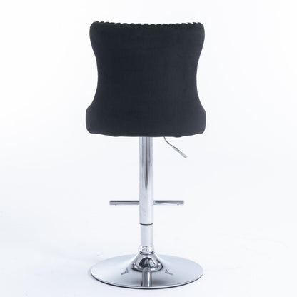 Black upholstered swivel bar stool with chrome pedestal base and height lever on Tampa Home & Garden Store