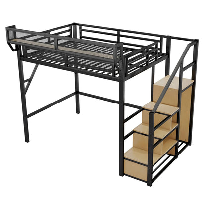 Loft bed with stairs and wardrobe, black metal frame with built-in storage shelves on Tampa Home & Garden Store