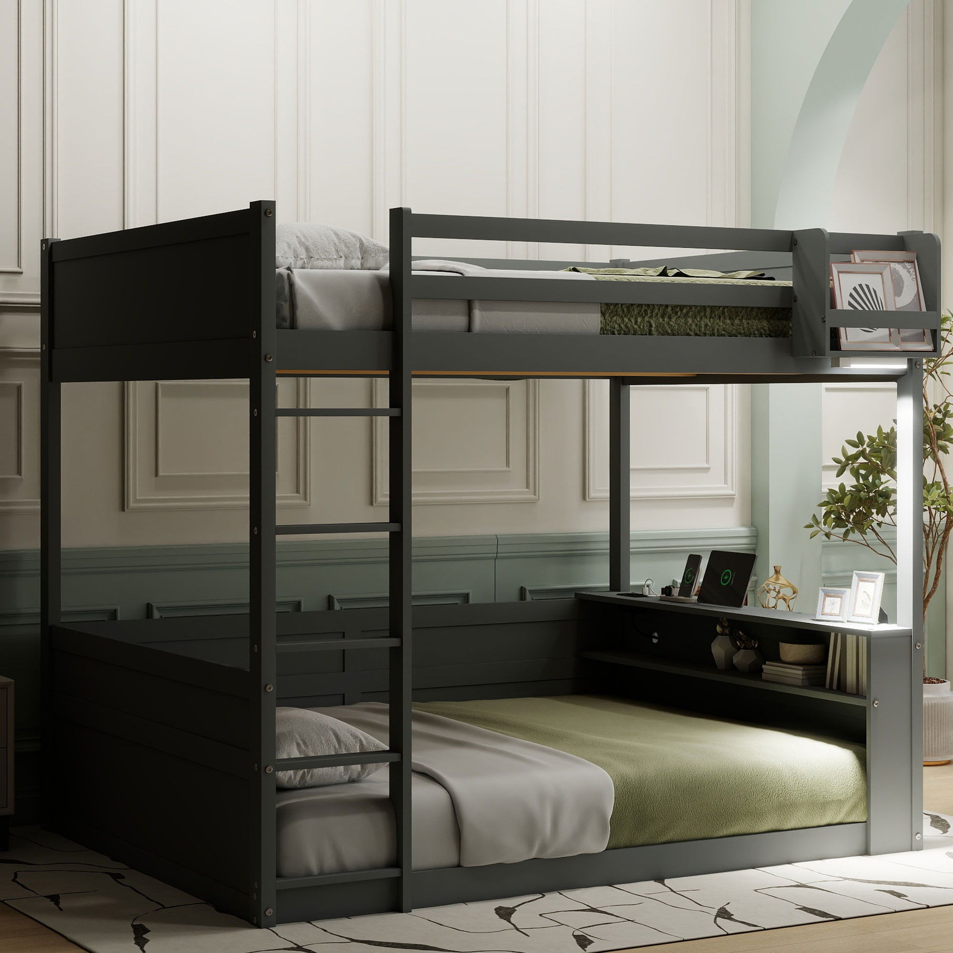 Two-tier bunk bed with built-in shelves, LED light and USB charging by HouseOfZazla in dark gray on Tampa Home & Garden Store