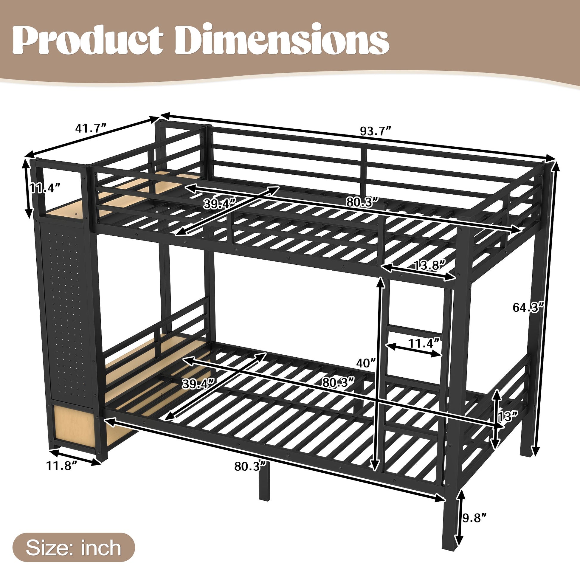 Twin XL Over Twin XL Metal Bunk Bed with Storage Shelves black frame HouseOfZazla on Tampa Home & Garden Store