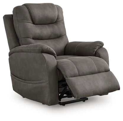 Snowfield power lift recliner gunmetal gray fabric with padded arms and extended footrest on Tampa Home & Garden Store