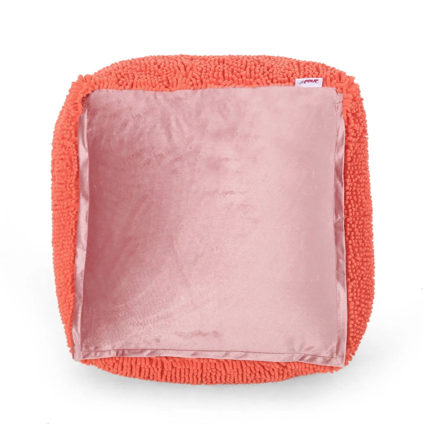 Spongy Square Pouf Soft Seating in coral chenille edge with pink velvet center LPOUF tag on Tampa Home & Garden Store