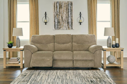 Alphons Reclining Sofa in taupe fabric with two wood end tables on Tampa Home & Garden Store