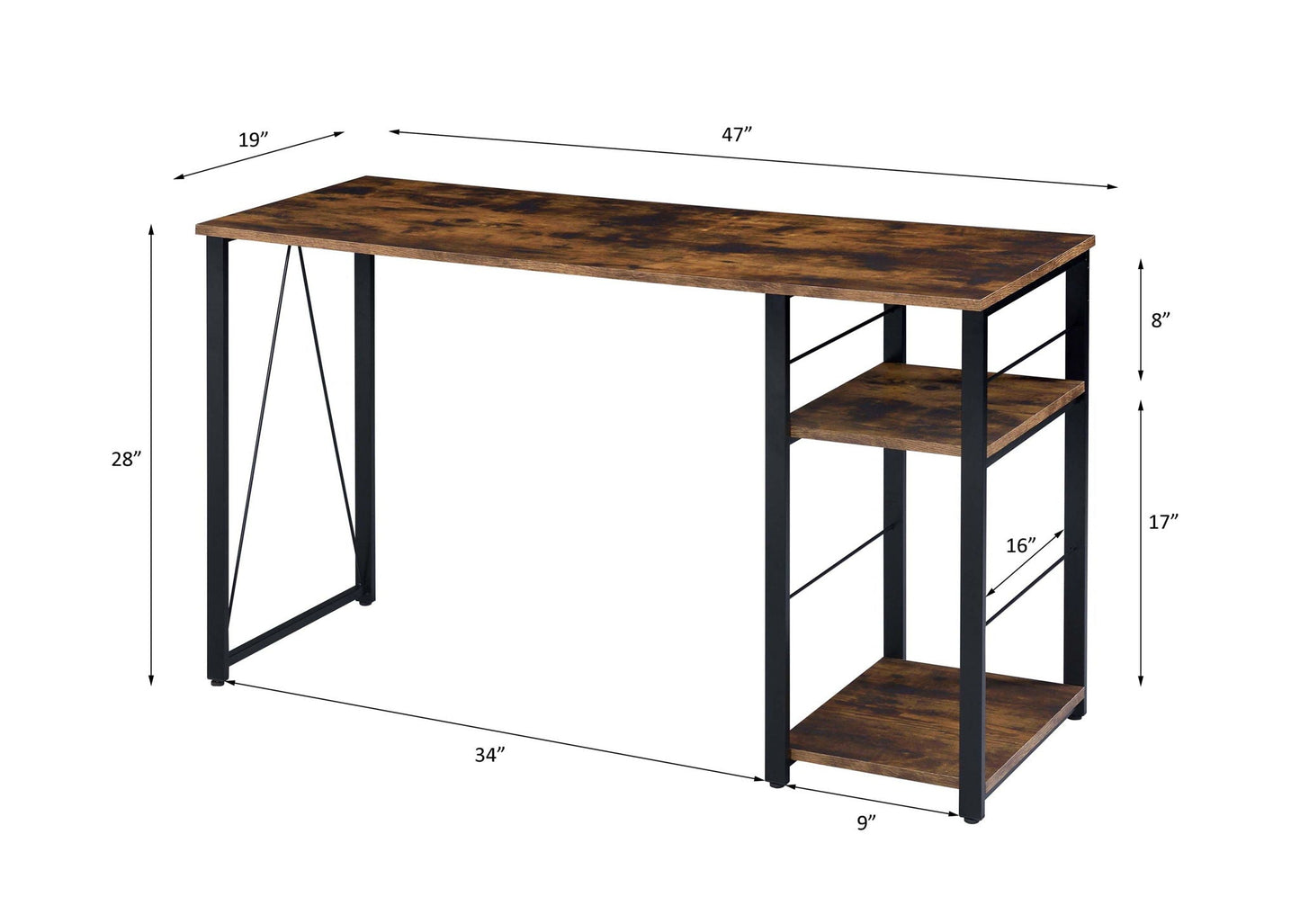 Vadna Writing Desk by HouseOfZazla, dark wood tabletop with black metal frame and lower shelf on Tampa Home & Garden Store