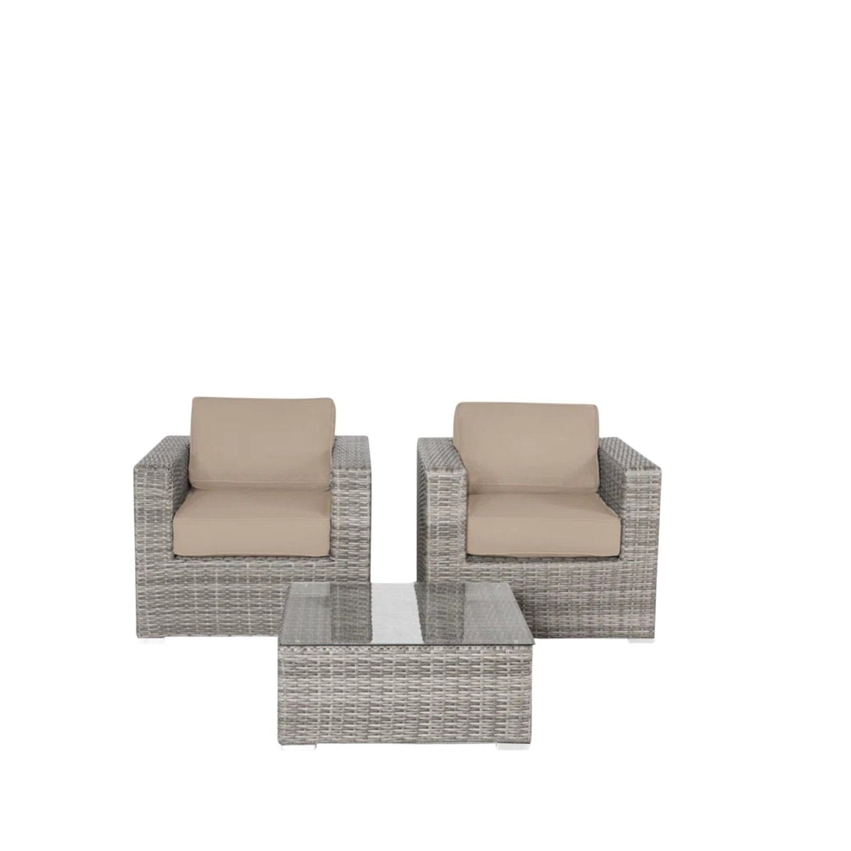 3 piece wicker outdoor seating set by HouseOfZazla with beige cushions and glass-top table on Tampa Home & Garden Store