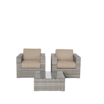 3 piece wicker outdoor seating set by HouseOfZazla with beige cushions and glass-top table on Tampa Home & Garden Store