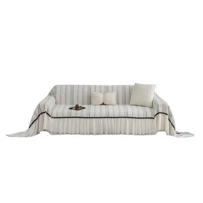 Sofa slipcover with skirted cream and blue striped fabric, black pom trim FLIPSTYLEZLLC on Tampa Home & Garden Store