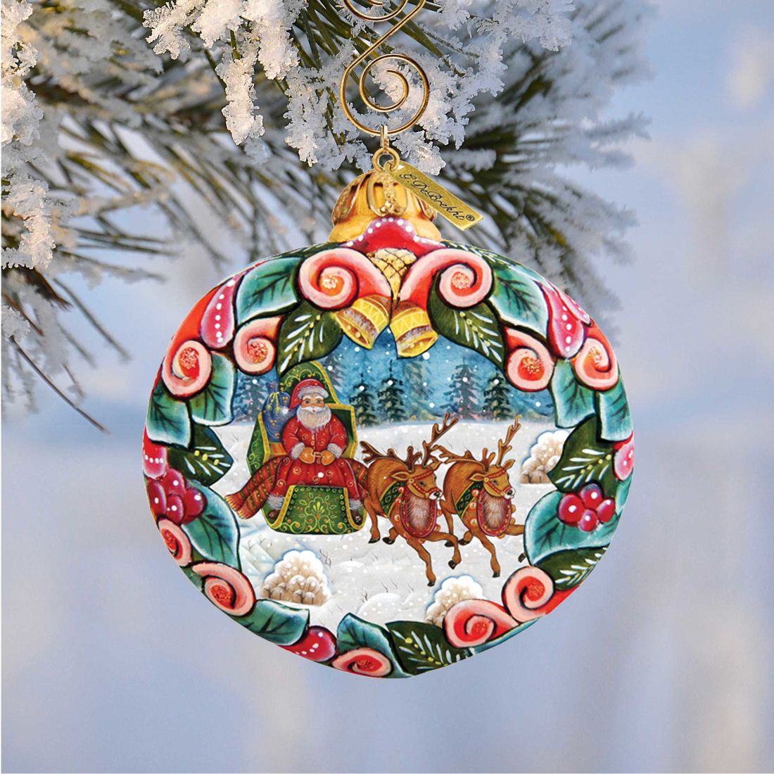 Sleigh Ride Sculpted Hand-Painted Ornament by G.DeBrekht; Santa with reindeer sleigh in snow on Tampa Home & Garden Store