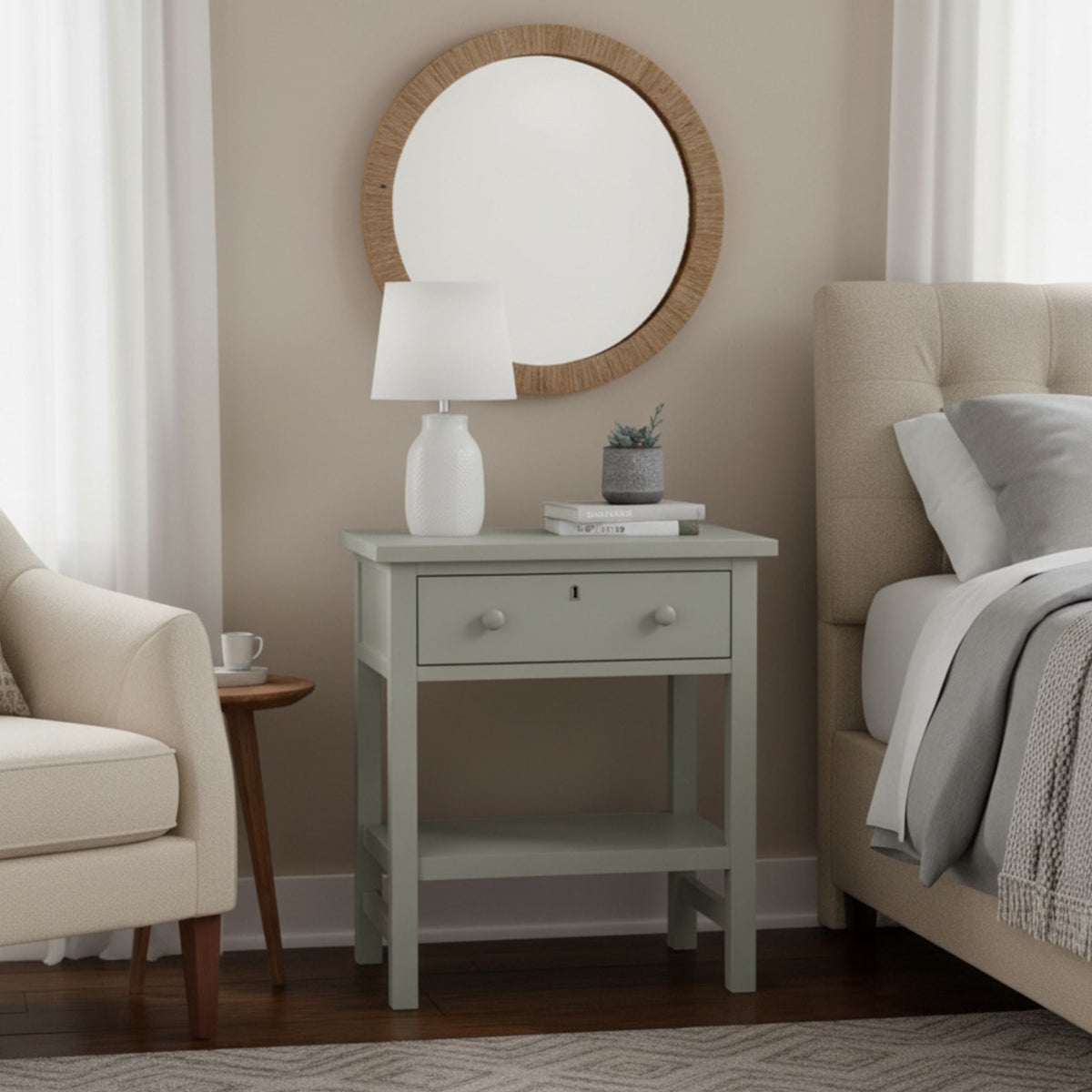Finley 1 Drawer Storage Nightstand with Open Shelf in sage gray finish beside lamp and mirror on Tampa Home & Garden Store