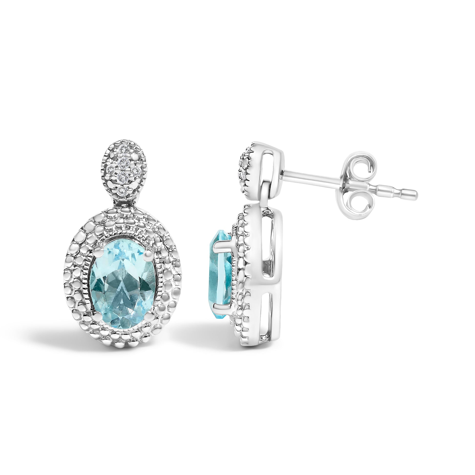 Drop earrings in .925 sterling silver with oval blue topaz and beaded halo diamond accents by Bids.com on Tampa Home & Garden Store