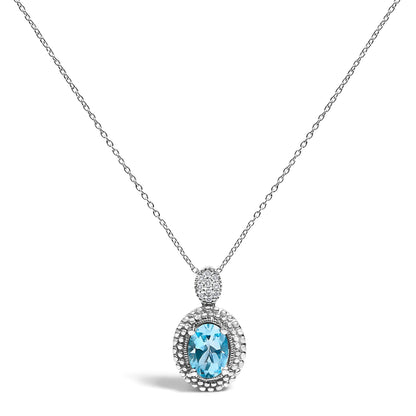 Sterling silver oval blue topaz pendant necklace with beaded diamond halo 18 inch chain on Tampa Home & Garden Store
