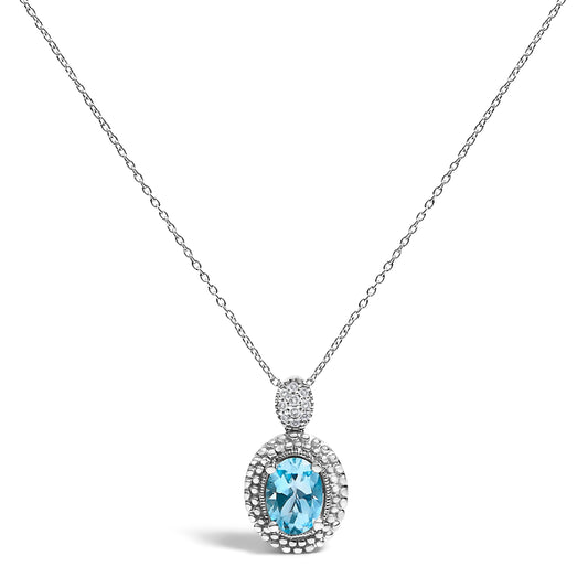 Sterling silver oval blue topaz pendant necklace with beaded diamond halo 18 inch chain on Tampa Home & Garden Store