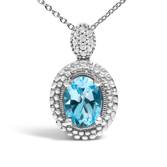 Sterling silver oval blue topaz pendant necklace with beaded diamond halo 18in chain on Tampa Home & Garden Store