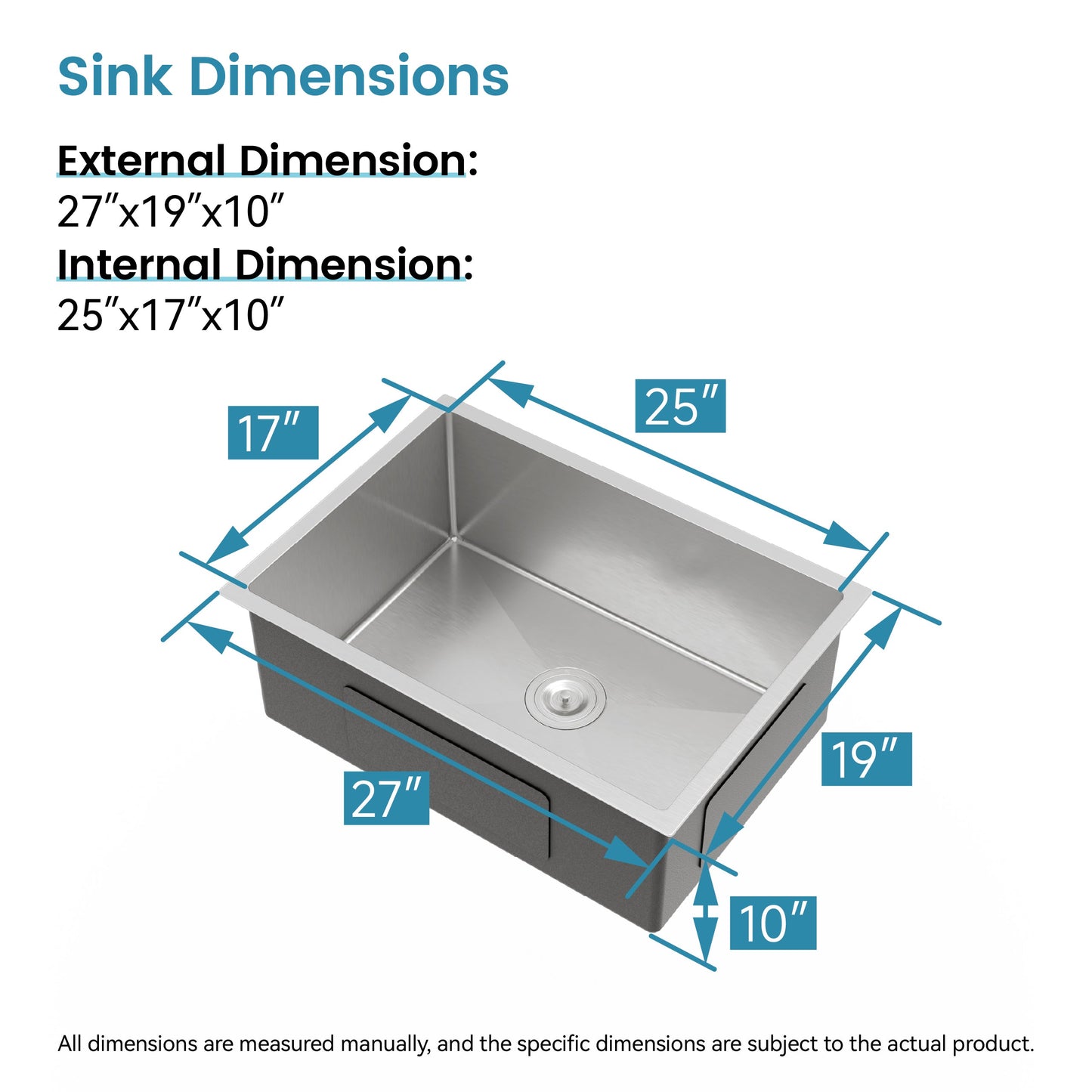 Stainless steel undermount single-bowl kitchen sink by HouseOfZazla, brushed nickel, 27x19 on Tampa Home & Garden Store