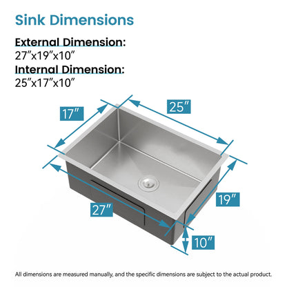 Stainless steel undermount single-bowl kitchen sink by HouseOfZazla, brushed nickel, 27x19 on Tampa Home & Garden Store