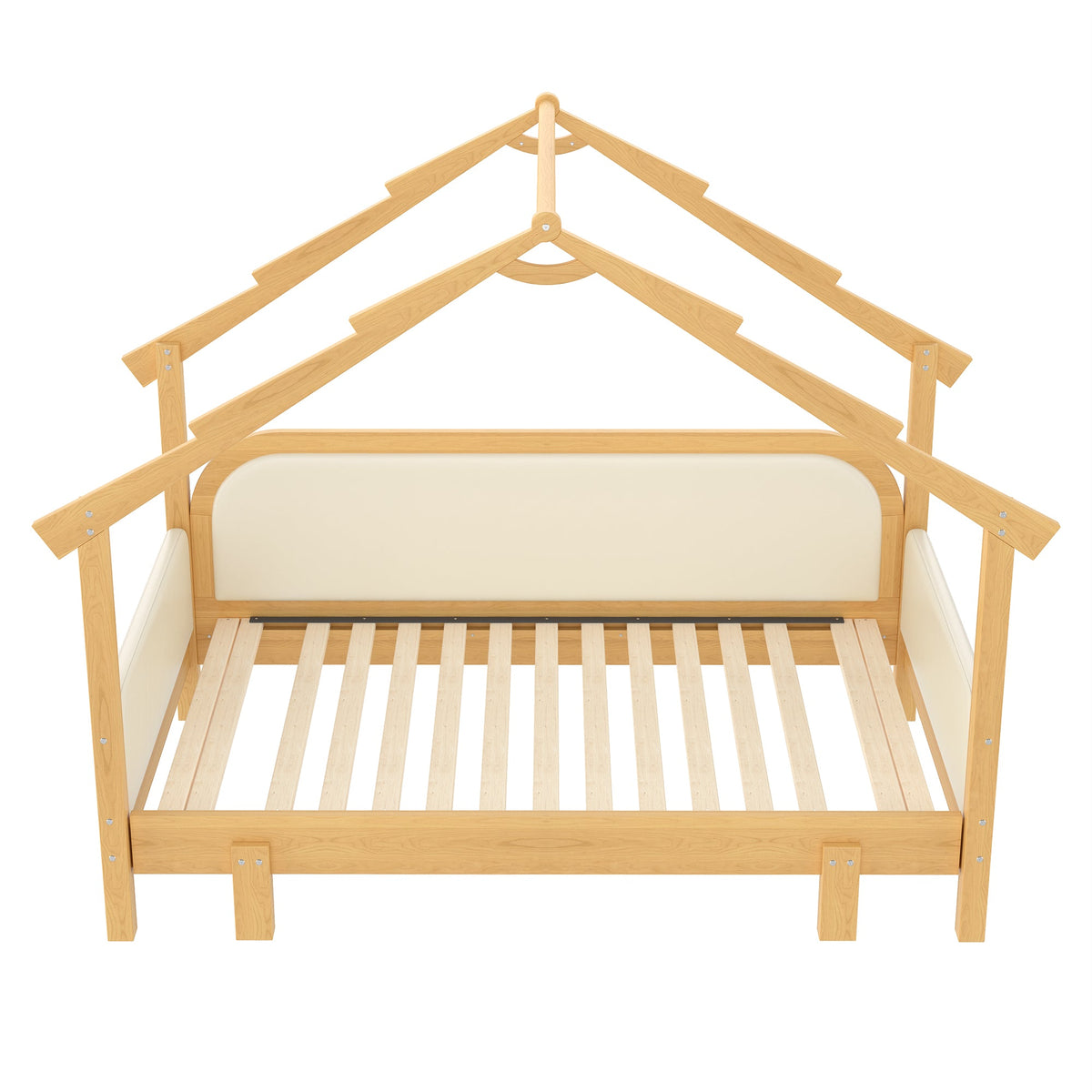 Twin size wood treehouse bed frame in natural finish with soft beige cushion rails on Tampa Home & Garden Store