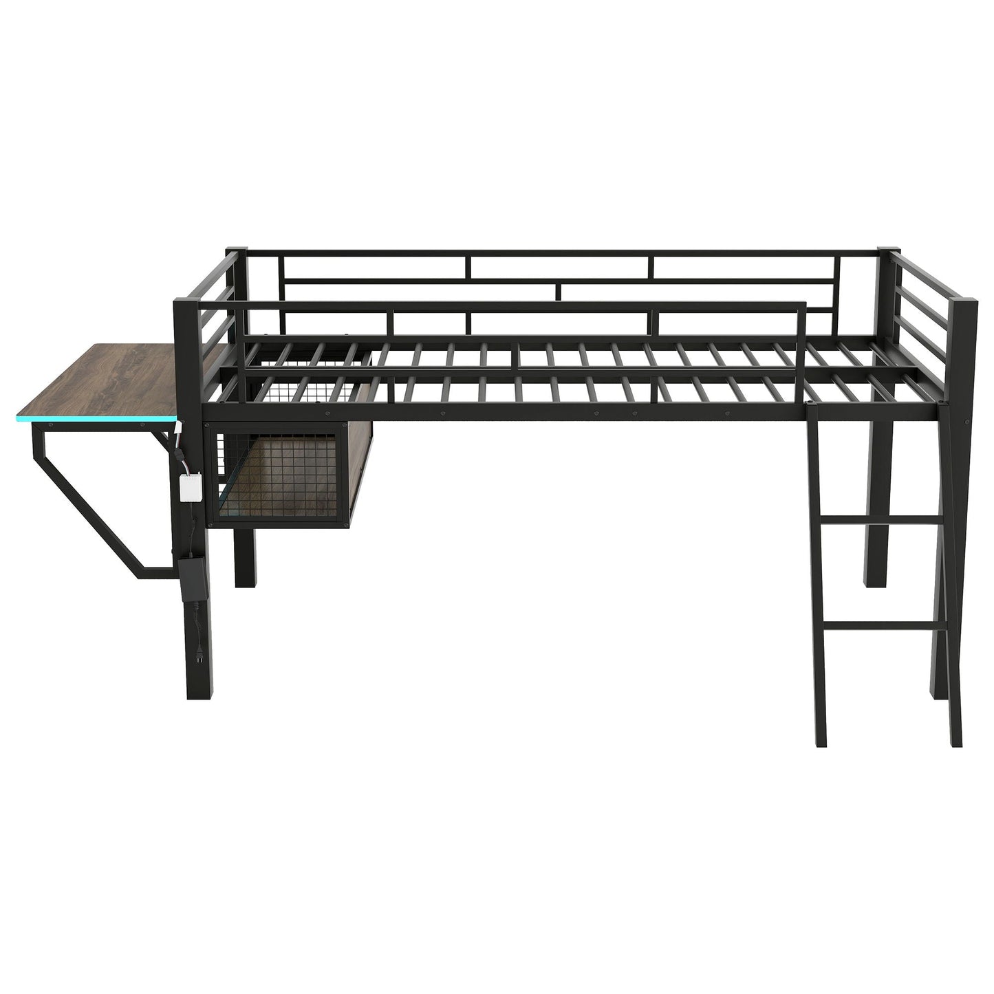 Twin loft bed with desk and LED lights, black metal frame and wood desk surface on Tampa Home & Garden Store