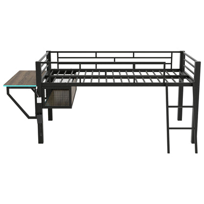 Twin loft bed with desk and LED lights, black metal frame and wood desk surface on Tampa Home & Garden Store