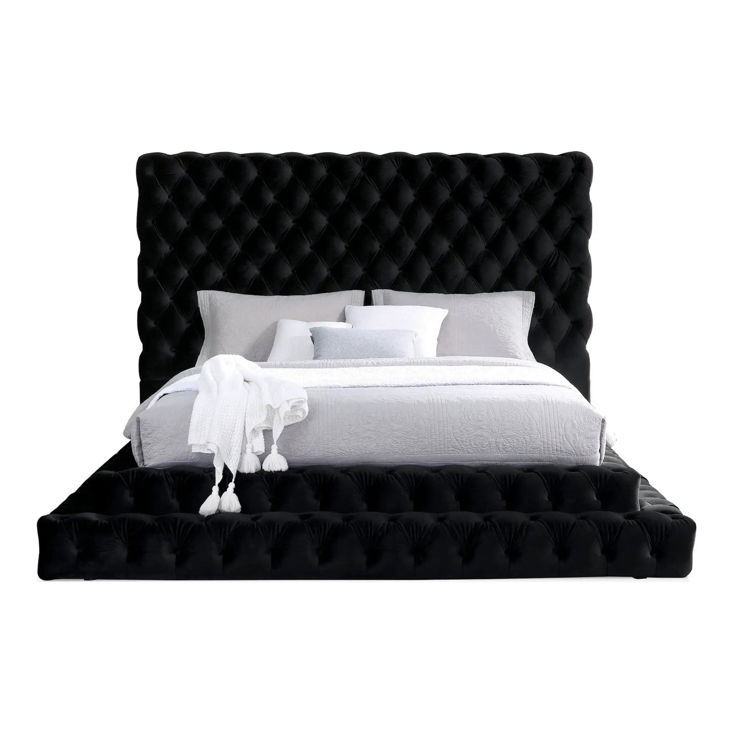 Tufted oversized headboard platform bed with fully upholstered frame in black velvet on Tampa Home & Garden Store