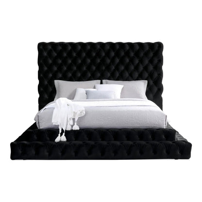 Tufted oversized headboard platform bed with fully upholstered frame in black velvet on Tampa Home & Garden Store