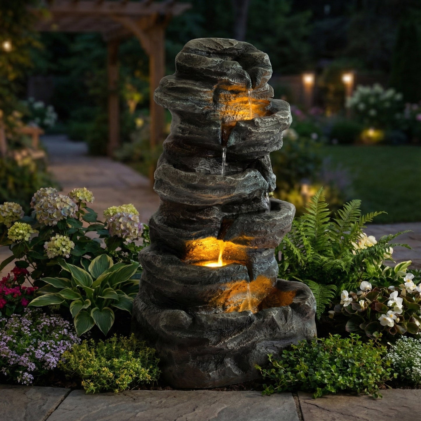 6-Tier outdoor cascading stone water fountain with 3 LED lights gray stone finish by HouseOfZazla on Tampa Home & Garden Store