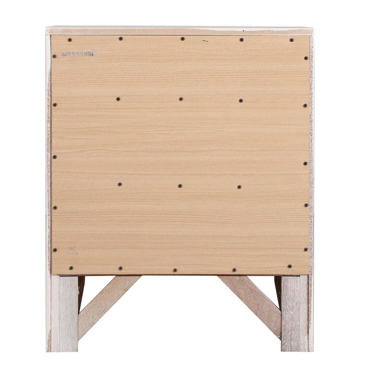Accent nightstand back view in light oak veneer with exposed screws and white trim on Tampa Home & Garden Store