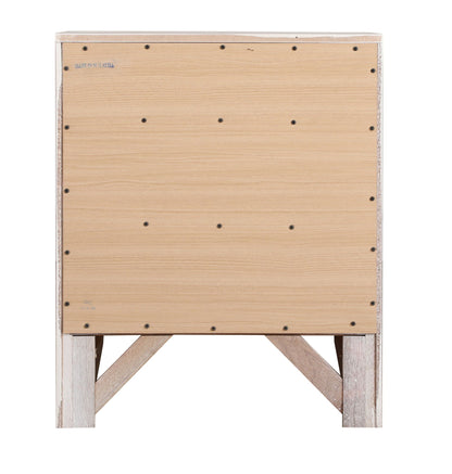 Accent nightstand back view in light oak veneer with exposed screws and white trim on Tampa Home & Garden Store