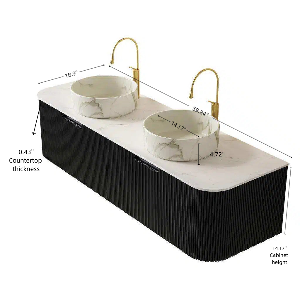 Dina 60in double bathroom vanity with two white vessel sinks, Carrara top, black ribbed base, gold faucets on Tampa Home & Garden Store