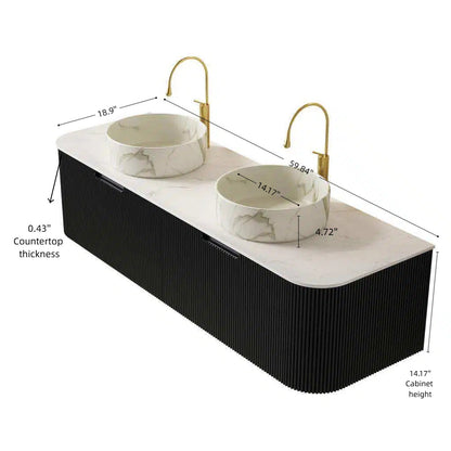 Dina 60in double bathroom vanity with two white vessel sinks, Carrara top, black ribbed base, gold faucets on Tampa Home & Garden Store