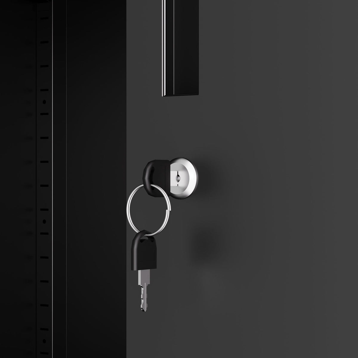 Black steel garage storage cabinet with lock and adjustable shelves close-up of locking hardware on Tampa Home & Garden Store