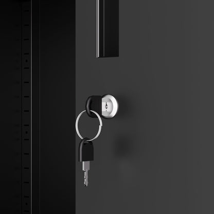 Black steel garage storage cabinet with lock and adjustable shelves close-up of locking hardware on Tampa Home & Garden Store