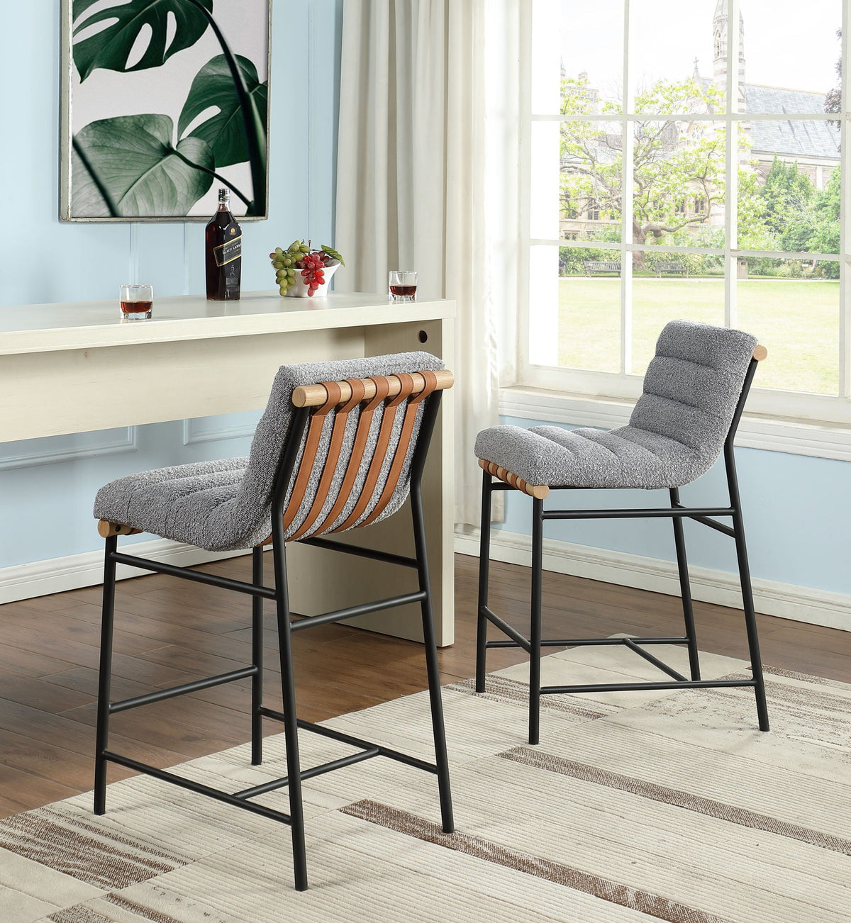 Lahni Boucle Fabric Counter Height Chair gray, set of 2, wood slat back, black metal frame on Tampa Home & Garden Store