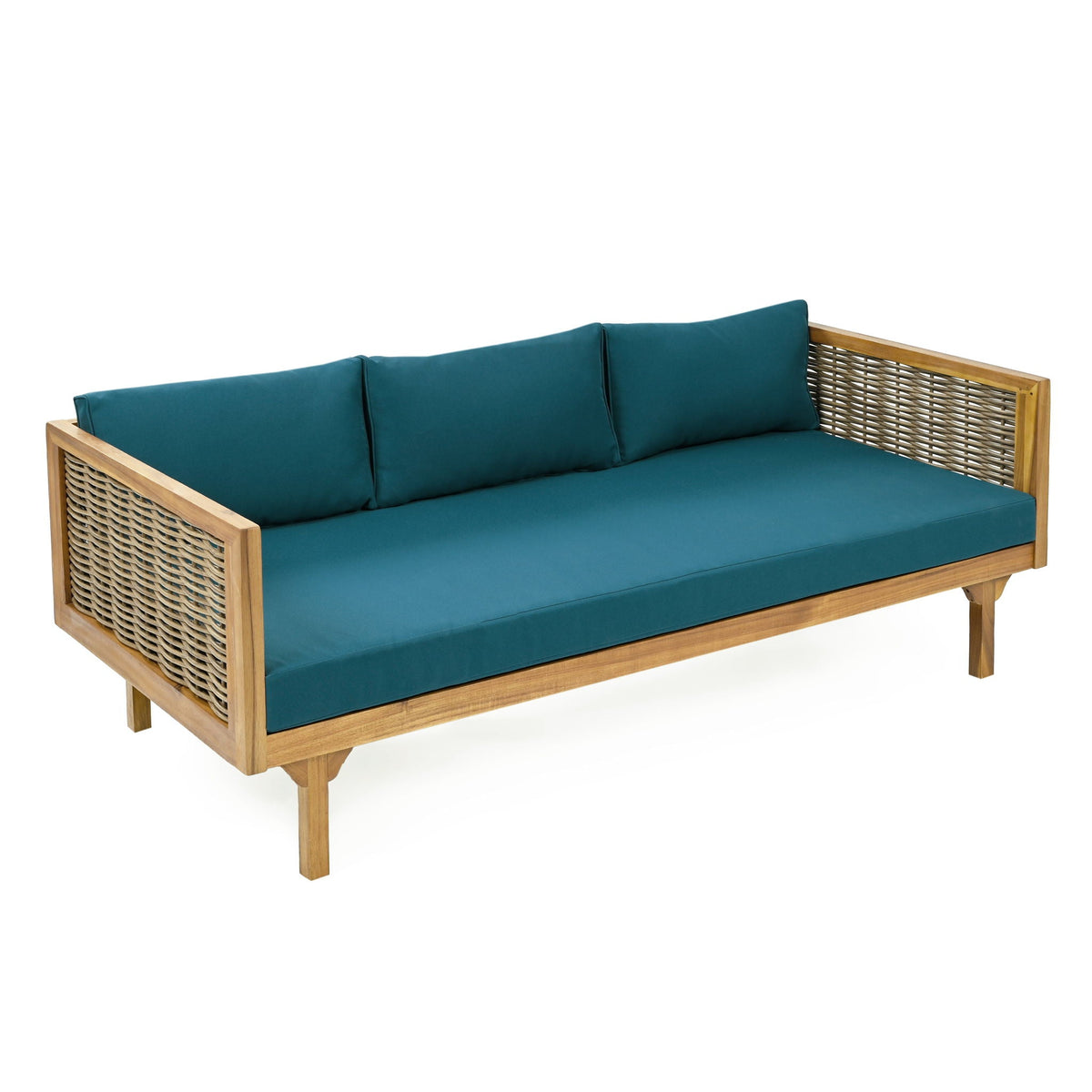 Claremont 3 Seater Daybed teak acacia with teal water-resistant cushions and woven sides on Tampa Home & Garden Store