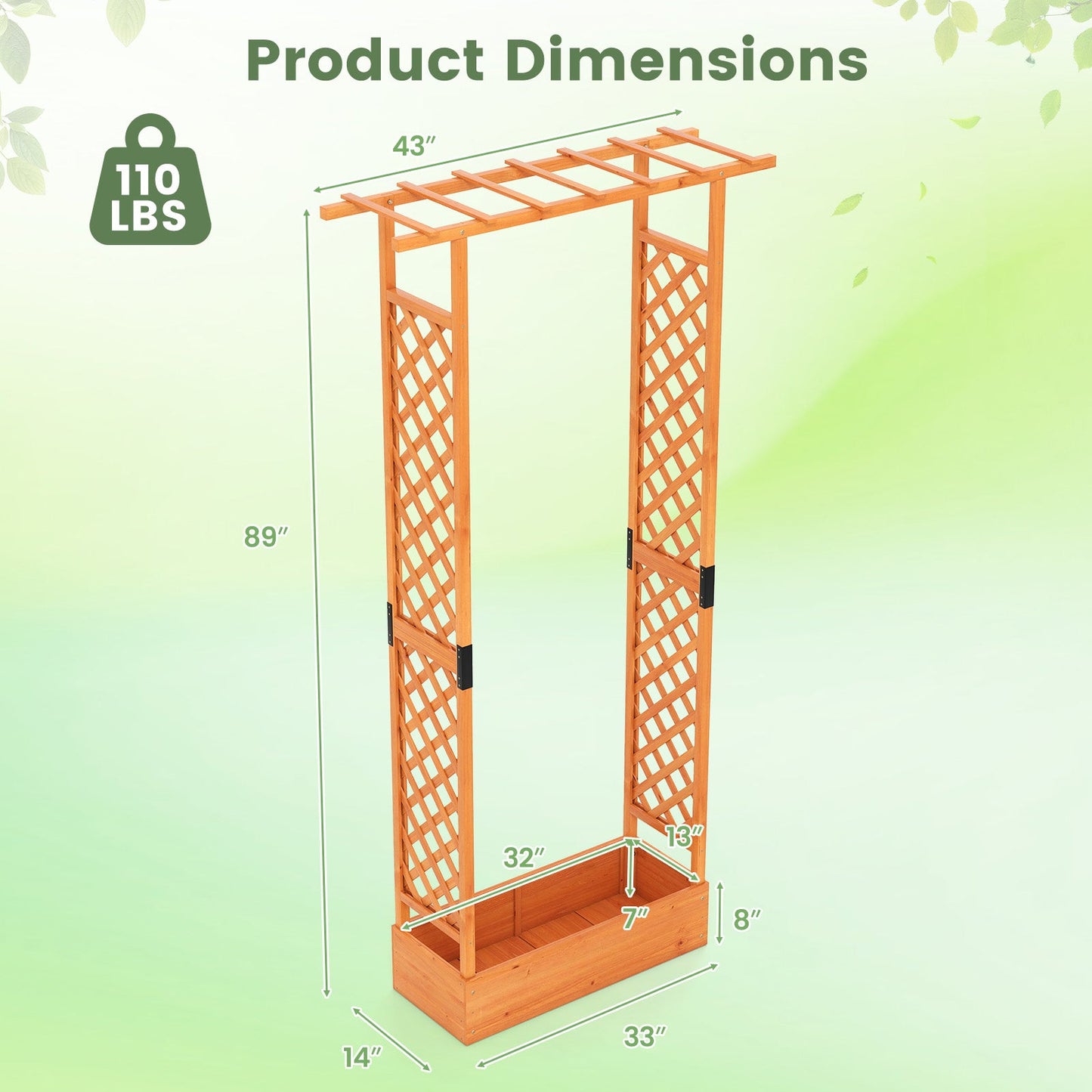 89 Inch Tall Wooden Raised Garden Bed with Side Trellis and Hanging Roof Drainage Holes