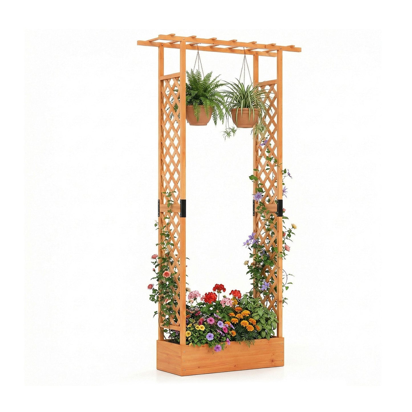 89 Inch Tall Wooden Raised Garden Bed with Side Trellis and Hanging Roof Drainage Holes