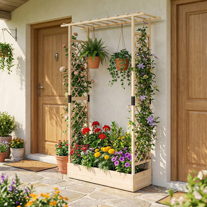 89 Inch Tall Wooden Raised Garden Bed with Side Trellis and Hanging Roof Drainage Holes