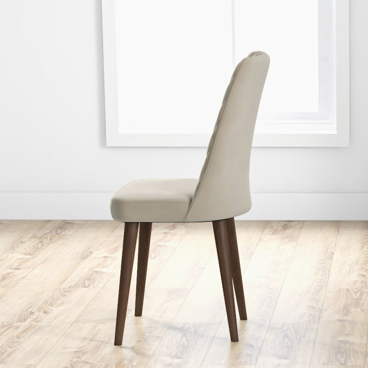 Mid-Century Modern dining chair beige upholstered seat with dark wood legs on Tampa Home & Garden Store