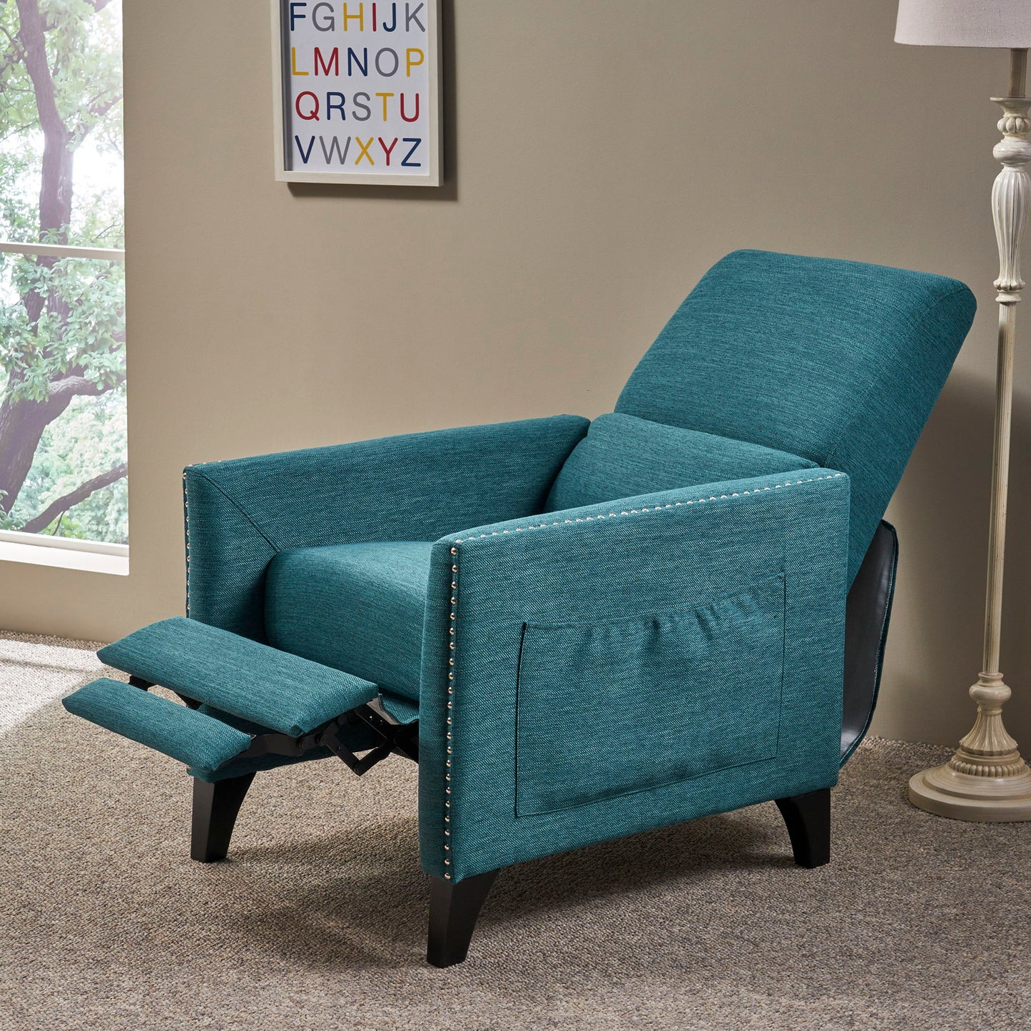 Kiersten Pushback Fabric Recliner teal by HouseOfZazla with nailhead trim and footrest on Tampa Home & Garden Store